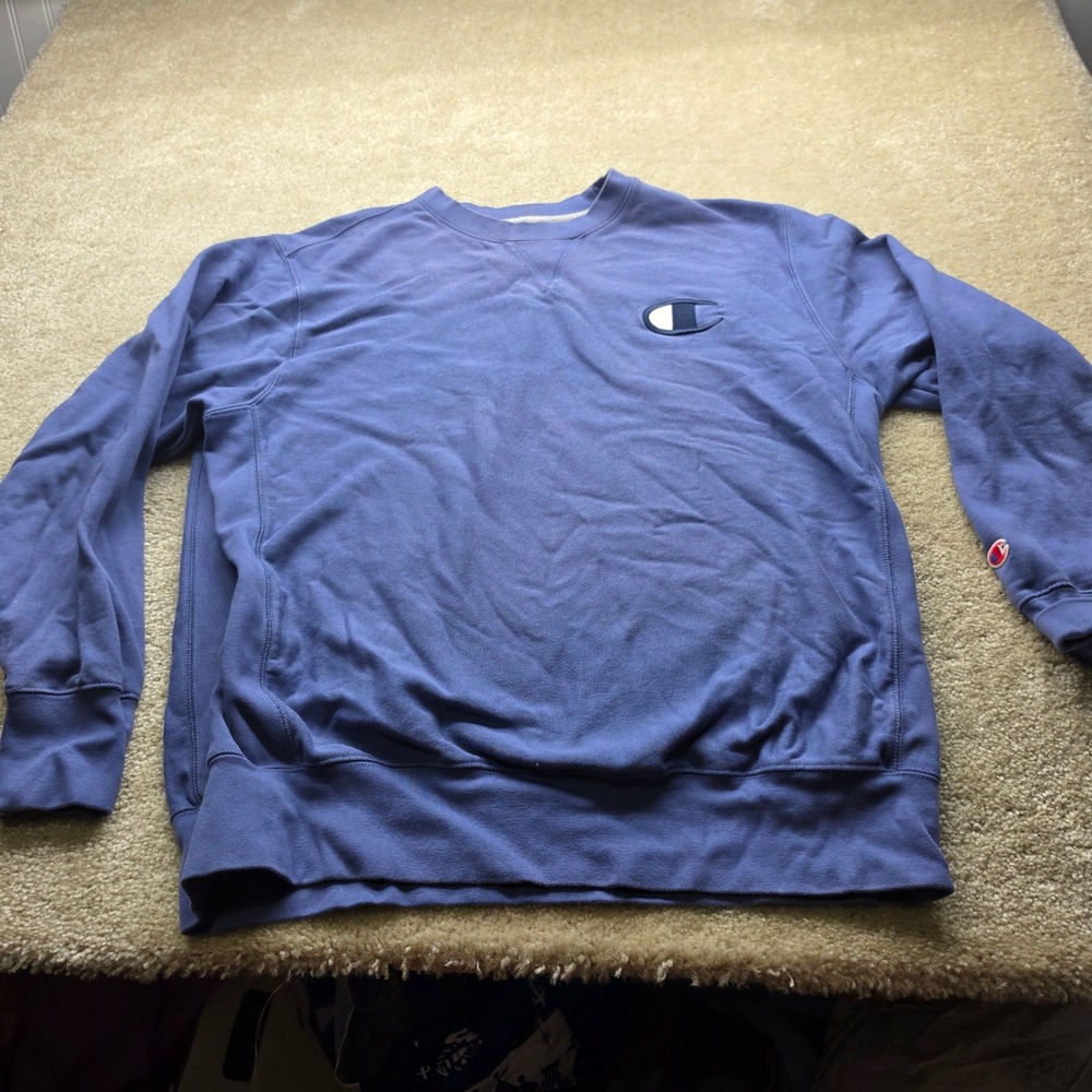 Champion Mens XL Periwinkle Blue Crewneck Sweatshirt Embroidered Logo Fleece